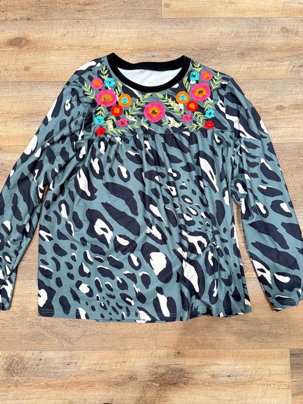 Womens Teal Leopard Print Long Sleeve Top with Floral Embroidery